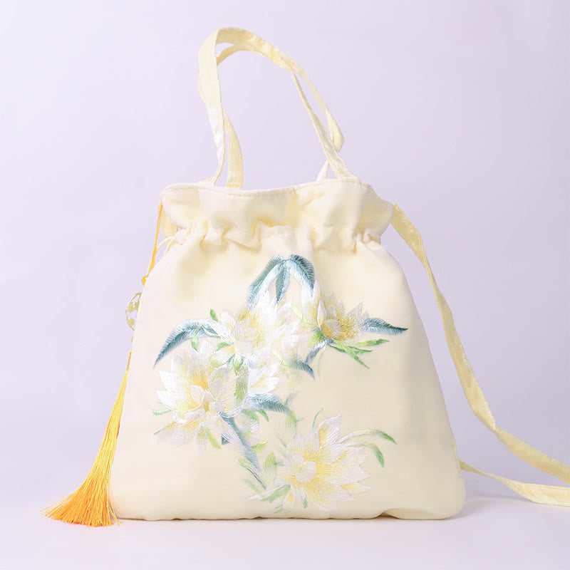 Nimara Ritual Lotus Peony Epiphyllum Phoenix Suzhou Embroidery Cotton Linen Tote Crossbody Bag Shoulder Bag Handbag