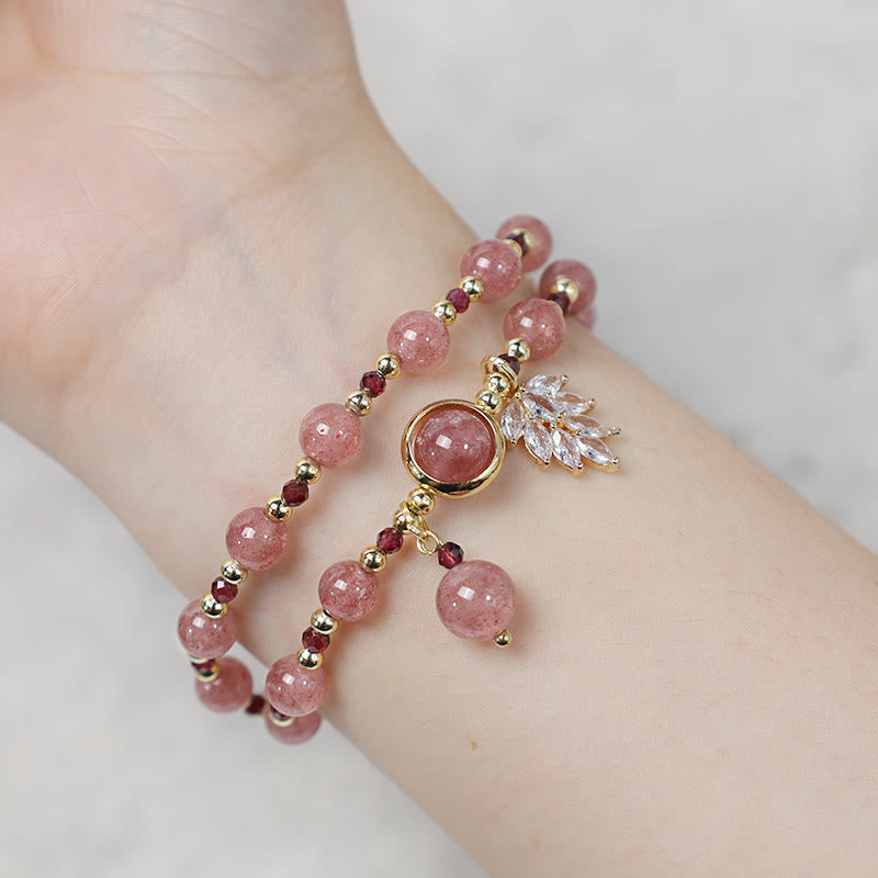 Nimara Ritual Natural Strawberry Quartz Love Healing Maple Leaf Charm Double Wrap Bracelet