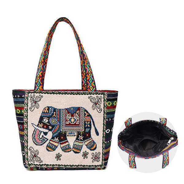 Nimara Ritual Elephant Butterfly Embroidered Large Capacity Canvas Tote Bag Shoulder Bag