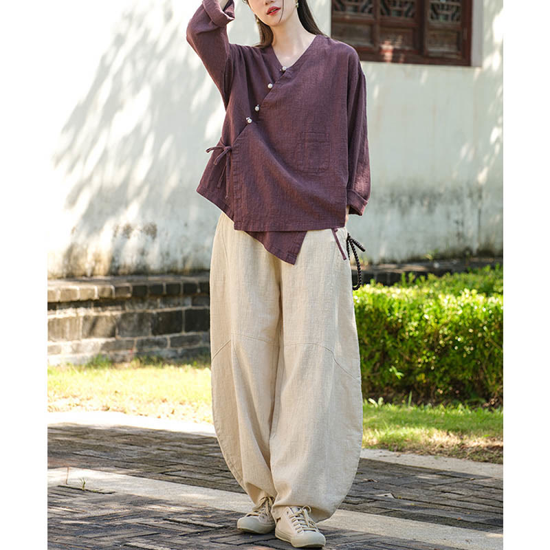 Nimara Ritual Solid Color Ramie Linen Loose Blouse Long Sleeve Shirt Chinese Hanfu Top