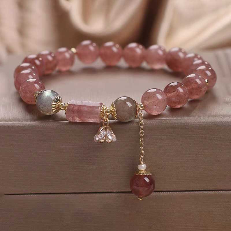 Nimara Ritual Natural Strawberry Quartz Zircon Flower Positive Charm Bracelet
