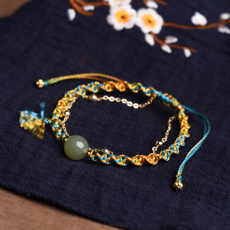 Nimara Ritual Handmade Colorful Rope Luck Jade Bead Abundance Double Layer Bracelet