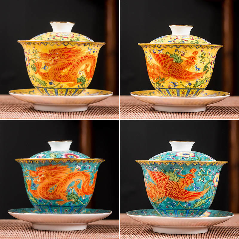 Nimara Ritual Dragon Phoenix Flower Design Ceramic Gaiwan Sancai Teacup Kung Fu Tea Cup And Saucer With Lid