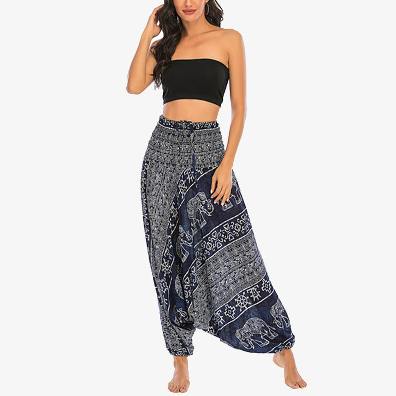 Nimara Ritual Two Style Wear Elephant Pattern Loose Smocked Harem Trousers Jumpsuit Women's Yoga Pants
