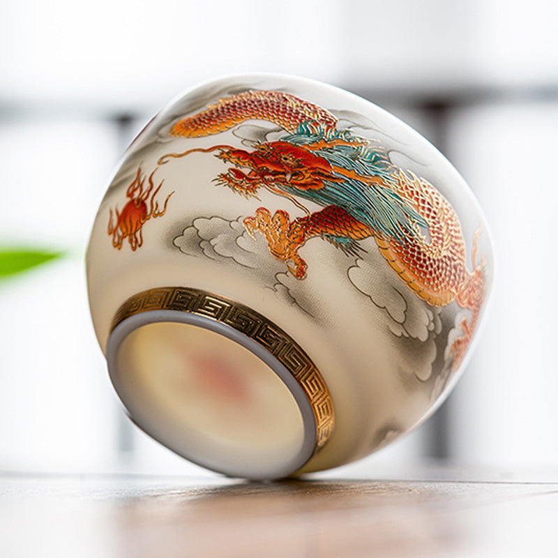 Nimara Ritual Dragon Phoenix Auspicious Clouds Ceramic Teacup Kung Fu Tea Cup With Gift Box