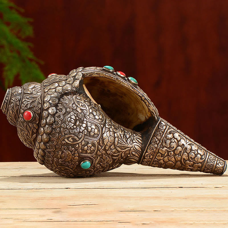 Nimara Ritual Tibetan Handmade Natural Shankha Engraved Eight Auspicious Symbols Conch Shell Lucky Home Decoration