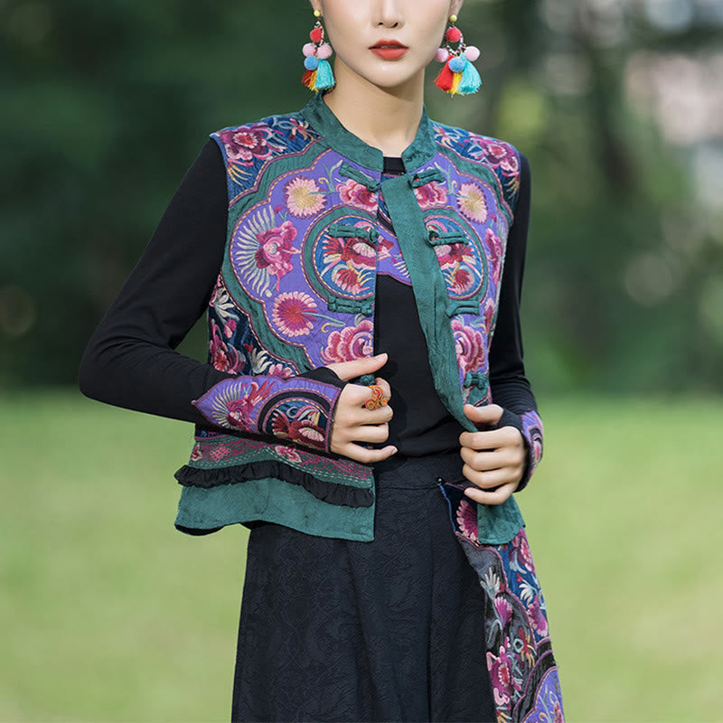 Nimara Ritual Frog-Button Embroidery Flowers Cotton Linen Tang Suit Design Sleeveless Vest