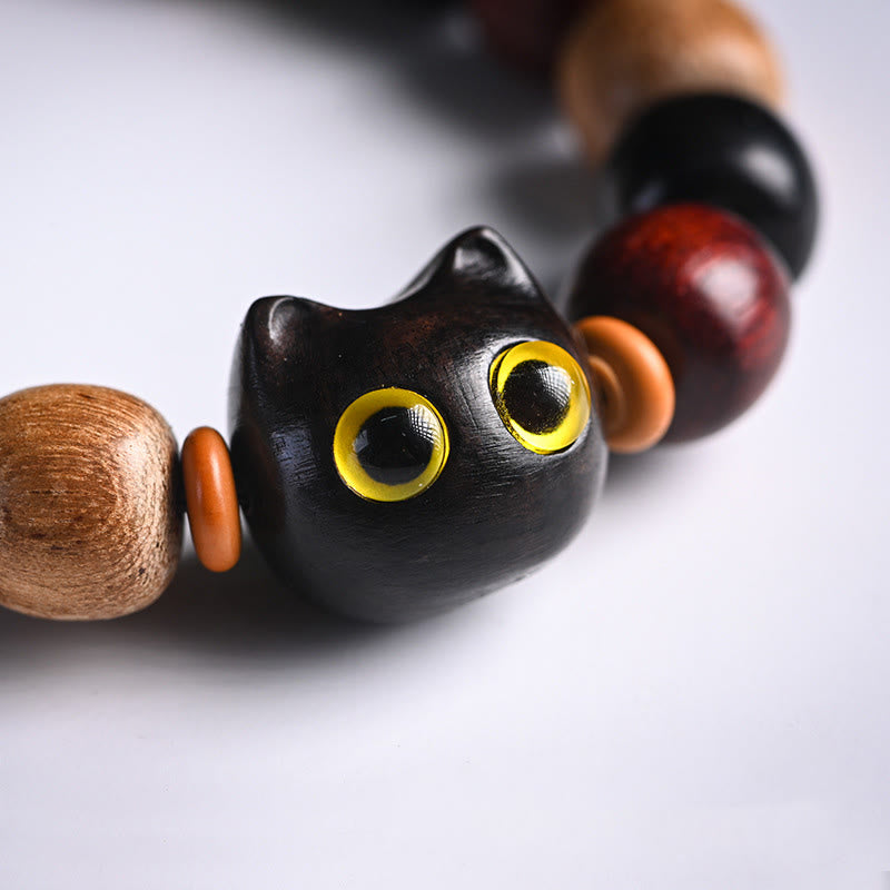 Nimara Ritual Small Leaf Red Sandalwood Ebony Wood Cute Cat Engraved Protection Bracelet