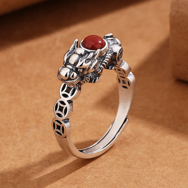 Nimara Ritual PiXiu Copper Coin Red Agate Wealth Luck Ring