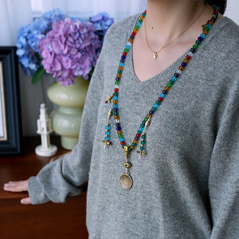 Nimara Ritual Tibetan 108 Mala Beads Multicolored Liuli Glass Bead Chinese Zodiac Nine Palaces Eight Diagrams Charm Bracelet