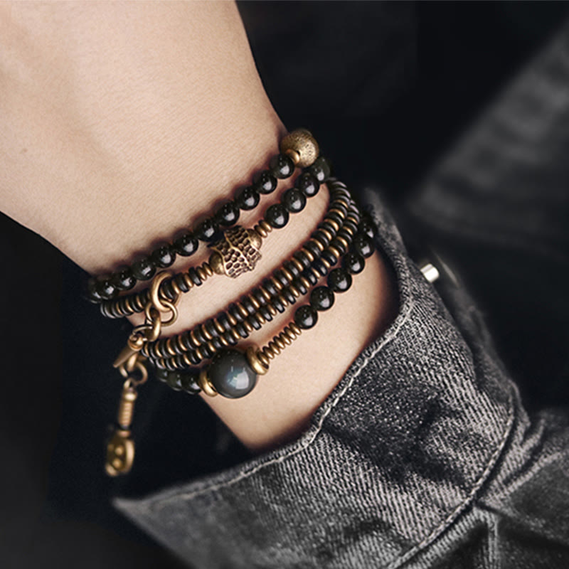 Nimara Ritual Rainbow Obsidian Ebony Wood Copper Positive Multilayer Bracelet