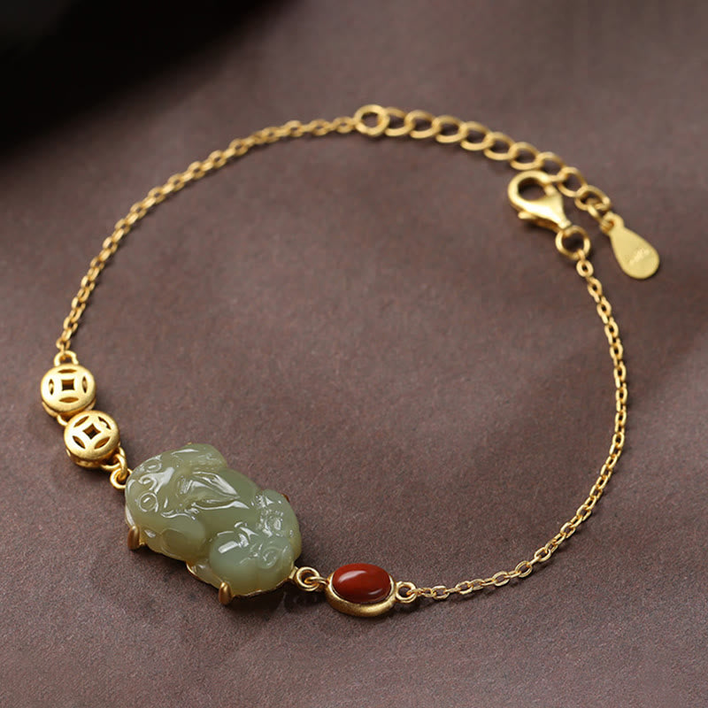 Nimara Ritual Cyan Jade PiXiu Copper Coin Red Agate Success Chain Bracelet