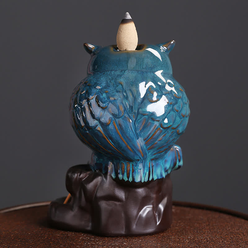 Nimara Ritual Cute Owl Ceramic Backflow Smoke Fountain Meditation Healing Incense Burner Decoration