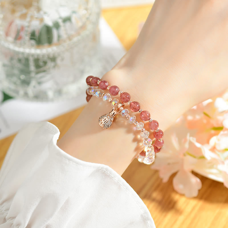 Nimara Ritual Strawberry Quartz White Crystal Money Bag Charm Positive Bracelet