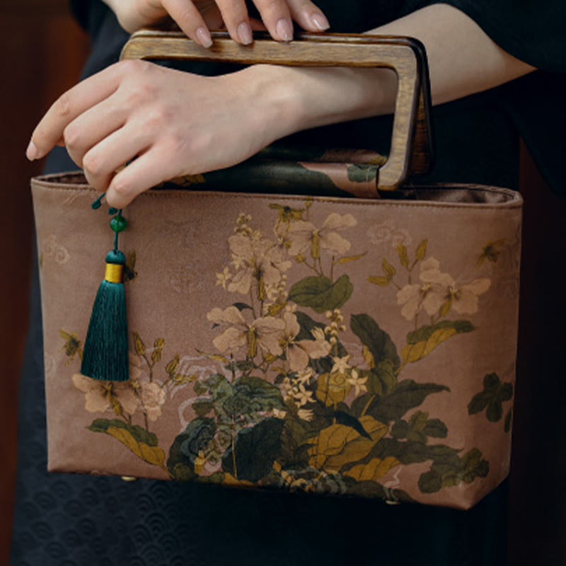 Nimara Ritual Vintage Brown Flowers Green Bamboo Leaves Wood Handles Zipper Handbag