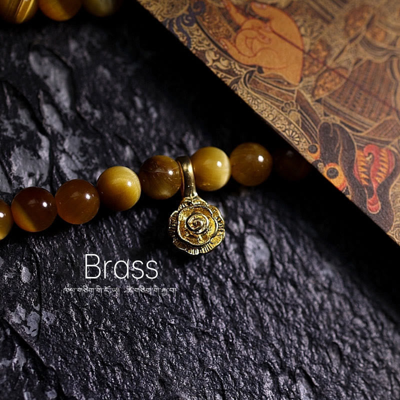 Nimara Ritual 108 Mala Beads Natural Tiger Eye Copper Dorje Protection Tassel Bracelet