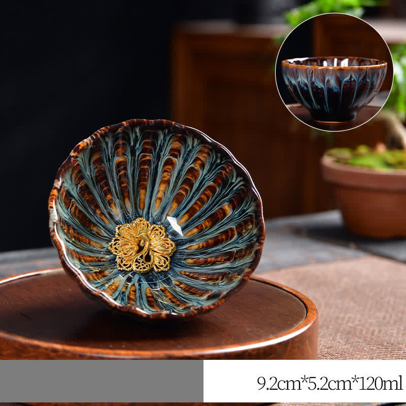 Nimara Ritual Lotus Peacock Dragon Phoenix Koi Fish Ceramic Teacup Inlaid Tea Cups 120ml