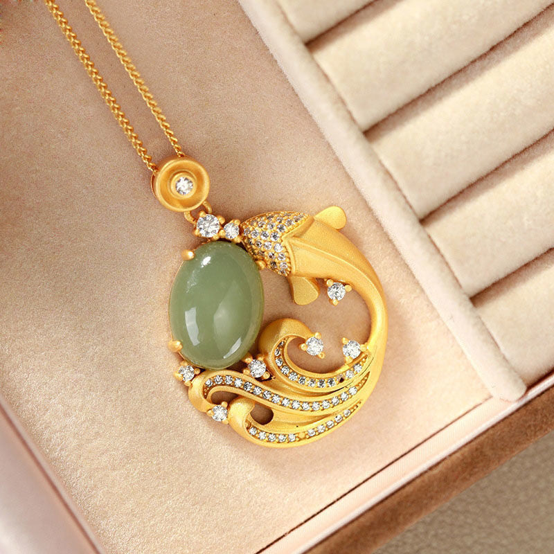 Nimara Ritual Cyan Jade Koi Fish Healing Calm Necklace Pendant
