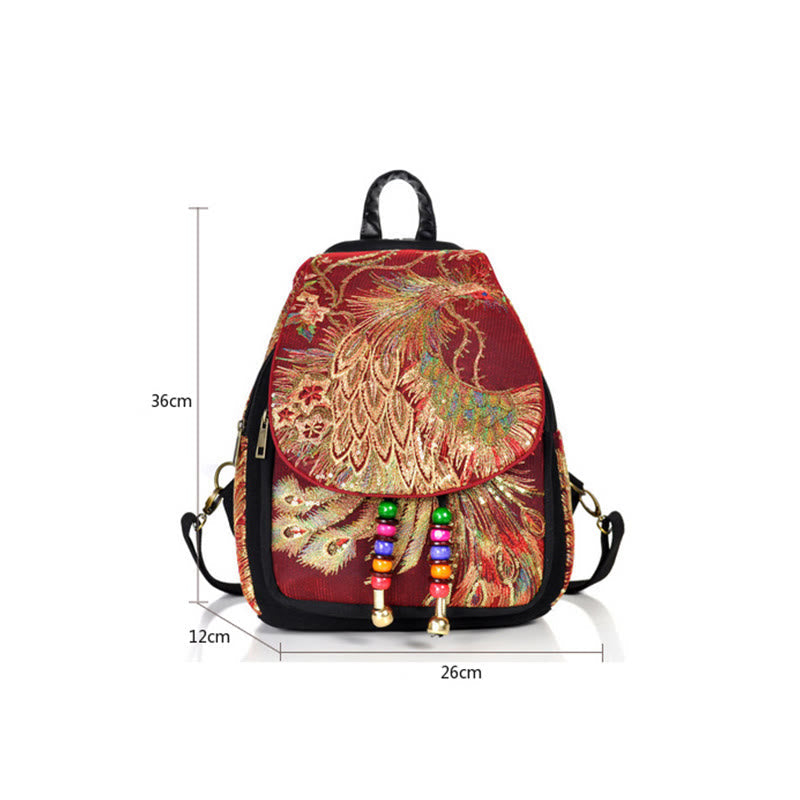 Nimara Ritual Peacock Embroidery Canvas Tassel Backpack