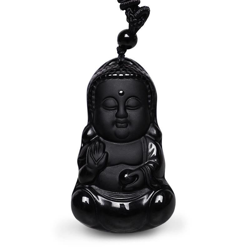 Nimara Ritual Natural Black Obsidian Crystal Buddha Strength Protection Amulet Lucky Charm Pendant Necklace
