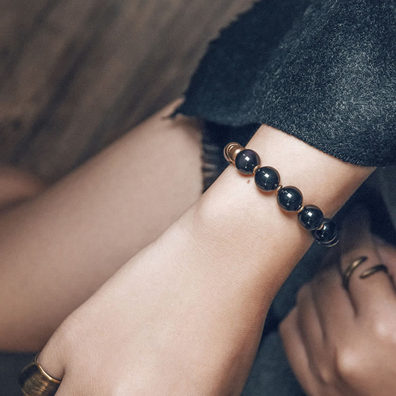 Nimara Ritual Lava Rock Stone Rainbow Obsidian Brass Support Healing Bracelet