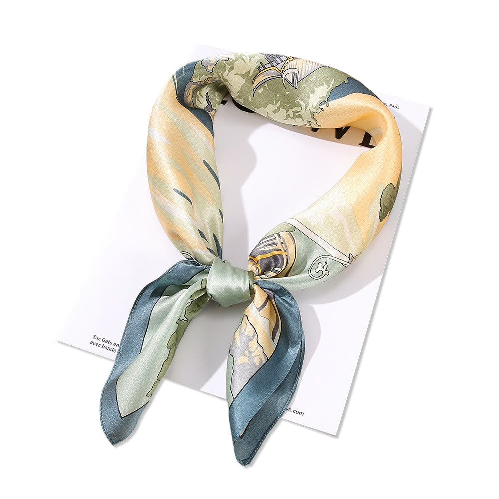 Nimara Ritual Pastoral Scene Hot Air Balloon Spring Blossom 100% Mulberry Silk Neck Hair Scarf