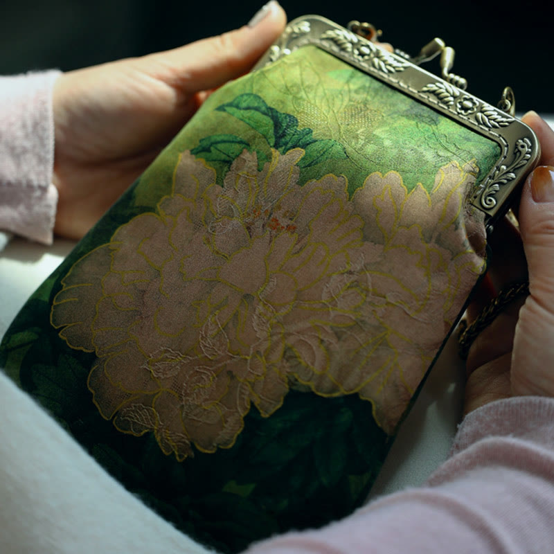 Nimara Ritual Small Green Peony Butterfly Metal Chain Crossbody Bag Shoulder Bag Cellphone Bag