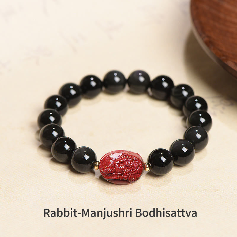 Nimara Ritual Chinese Zodiac Natal Buddha Natural Black Obsidian Cinnabar Purification Bracelet