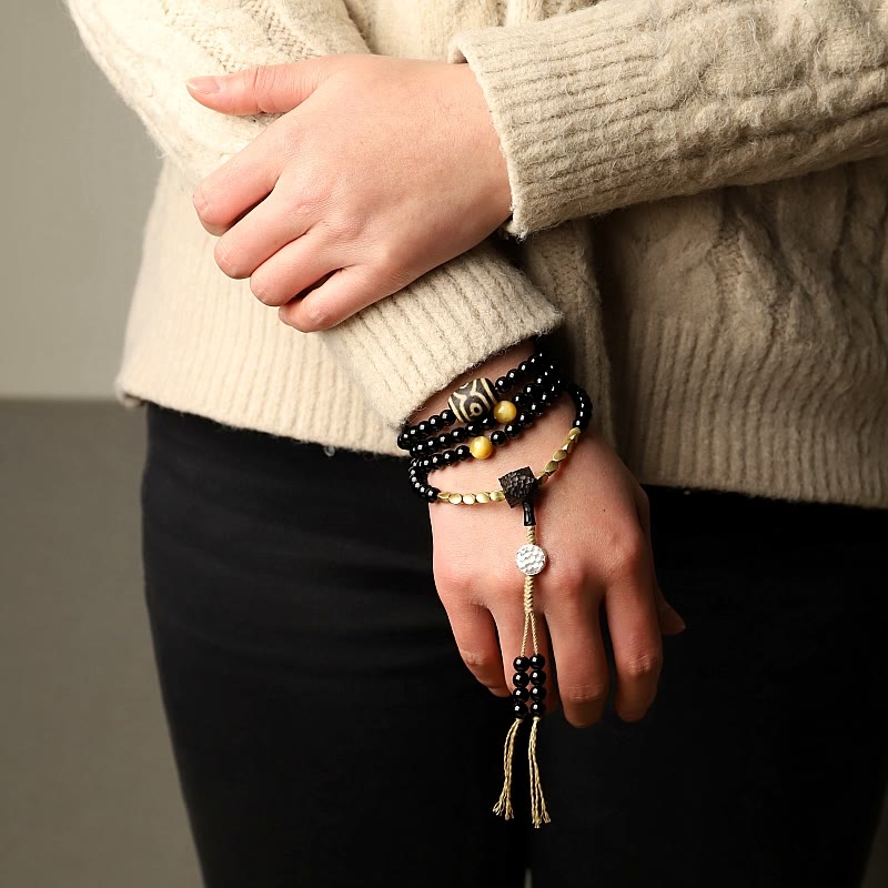 Nimara Ritual Tibetan 108 Mala Beads Black Onyx Three-eyed Dzi Beads Protection Bracelet