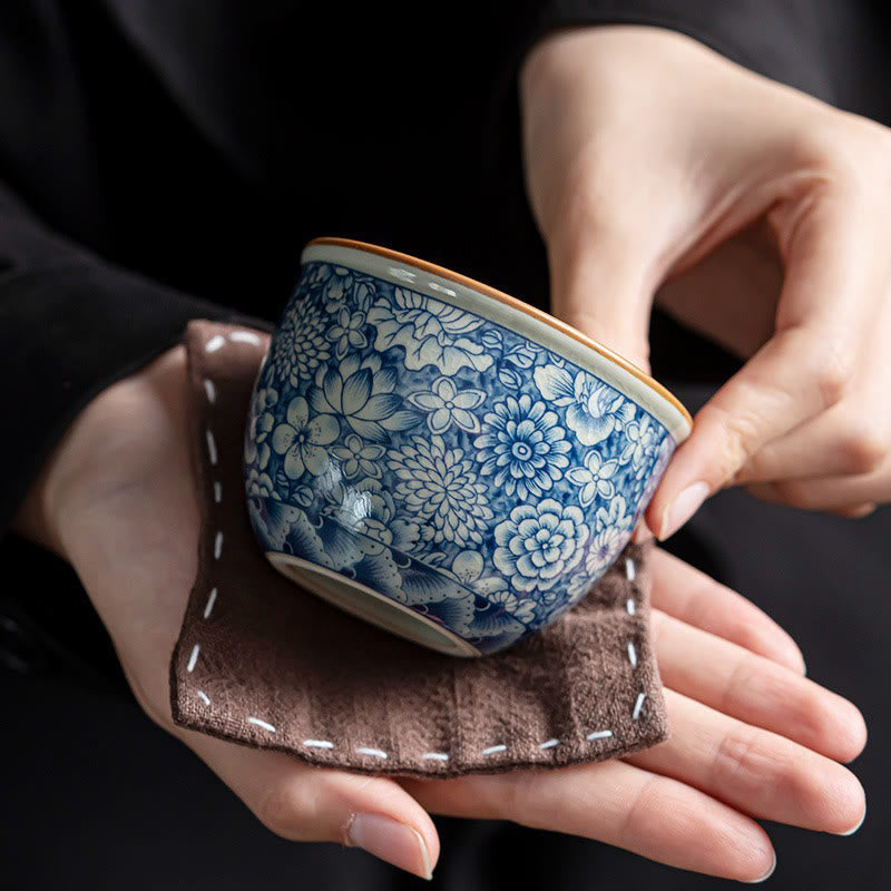 Nimara Ritual Blue Lotus Peach Blossom Chrysanthemum Design Ceramic Teacup Kung Fu Tea Cups