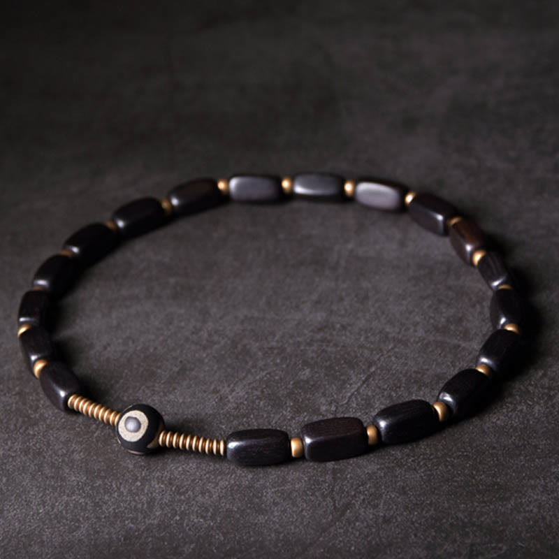Nimara Ritual Tibet Ebony Wood Dzi Bead Copper Balance Double Wrap Bracelet