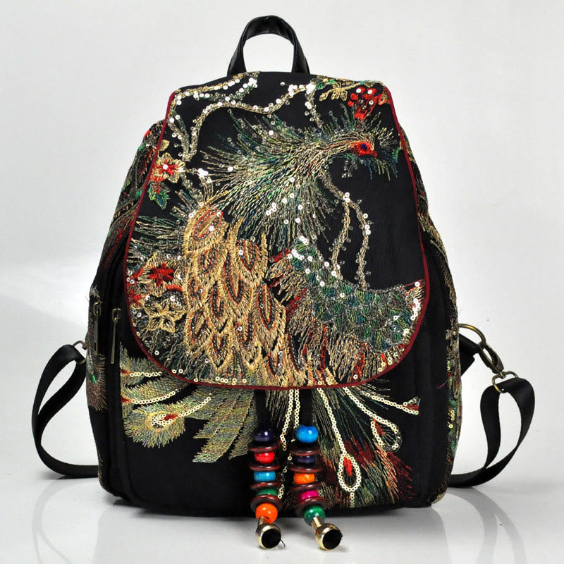 Nimara Ritual Peacock Embroidery Canvas Tassel Backpack