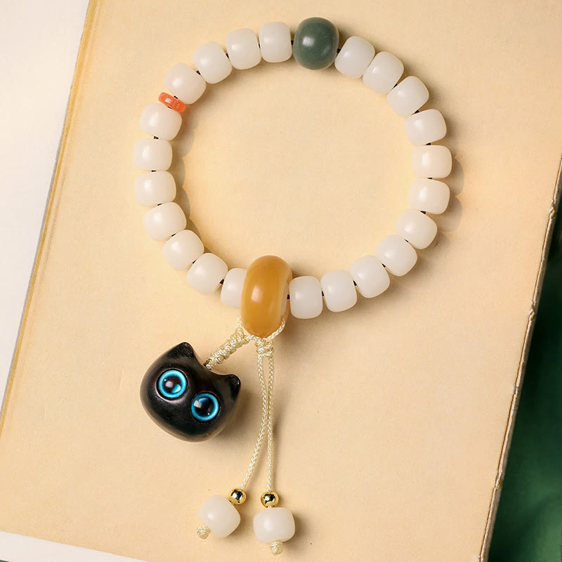 Nimara Ritual Natural Bodhi Seed African Blackwood Lovely Cat Charm Peace Harmony Bracelet
