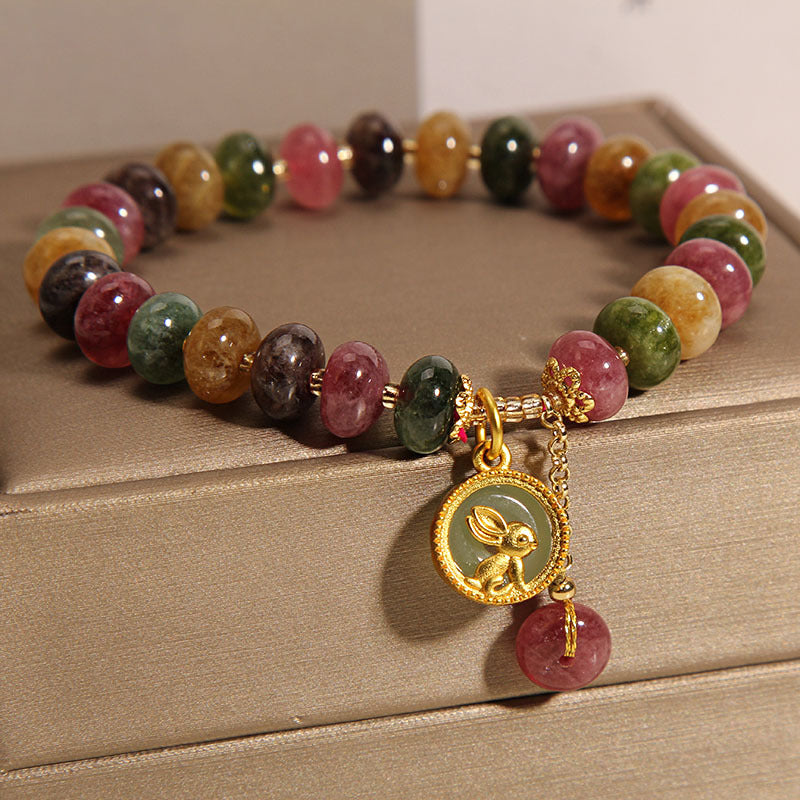 Nimara Ritual Natural Colorful Tourmaline Cute Rabbit Charm Positive Bracelet