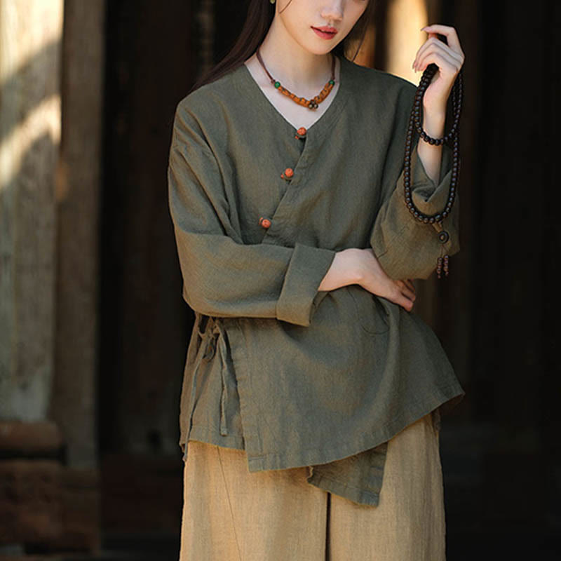 Nimara Ritual Solid Color Ramie Linen Loose Blouse Long Sleeve Shirt Chinese Hanfu Top