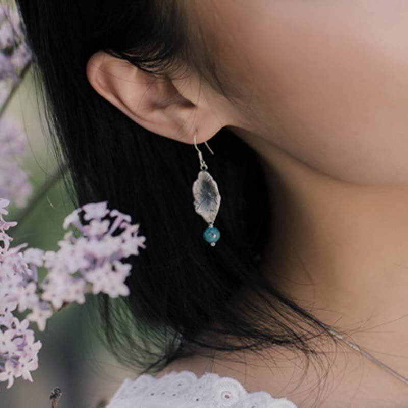 Nimara Ritual 925 Sterling Silver Turquoise Lotus Leaf Protection Drop Dangle Earrings