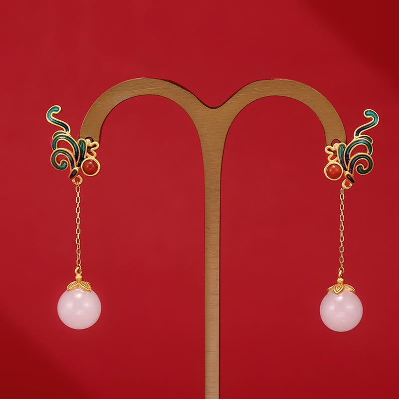 Nimara Ritual Vintage White Jade Red Agate Bead Blessing Drop Dangle Earrings