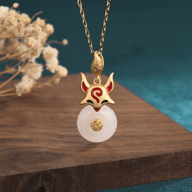 Nimara Ritual White Jade Fox Copper Coin Protection Luck Necklace Pendant