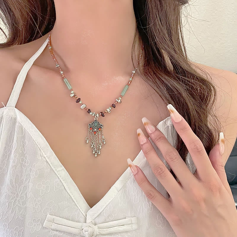Nimara Ritual Tibetan Crystal Stone Copper Luck Tassel Necklace Pendant