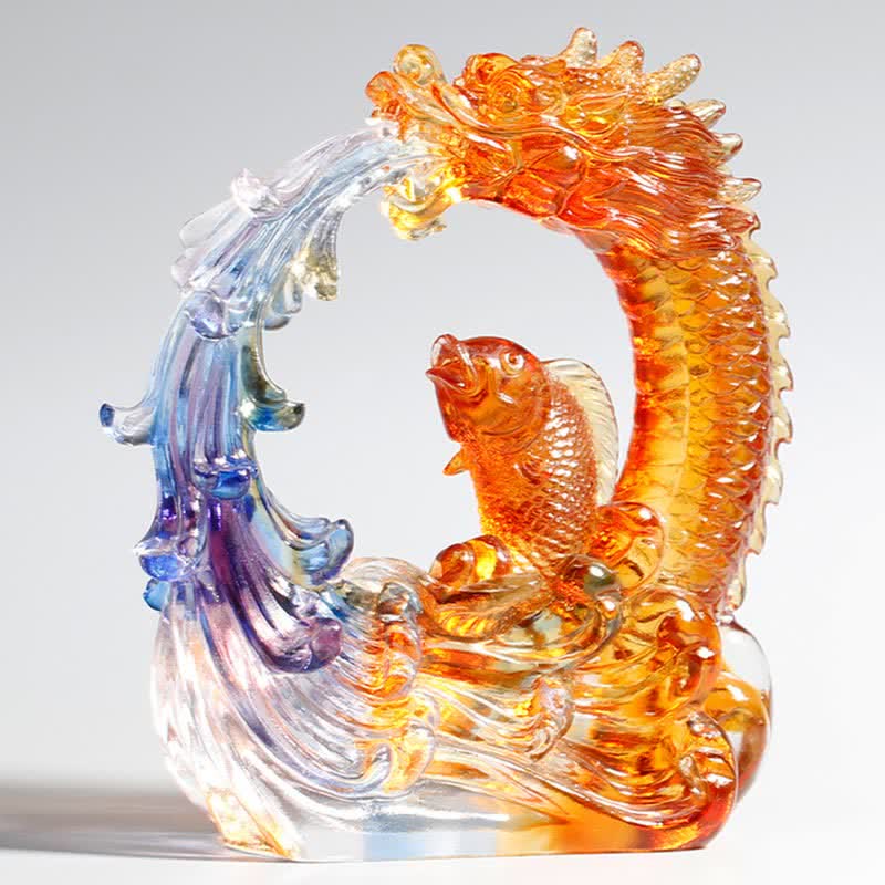 Nimara Ritual Feng Shui Dragon Koi Fish Handmade Liuli Crystal Art Piece Home Office Decoration