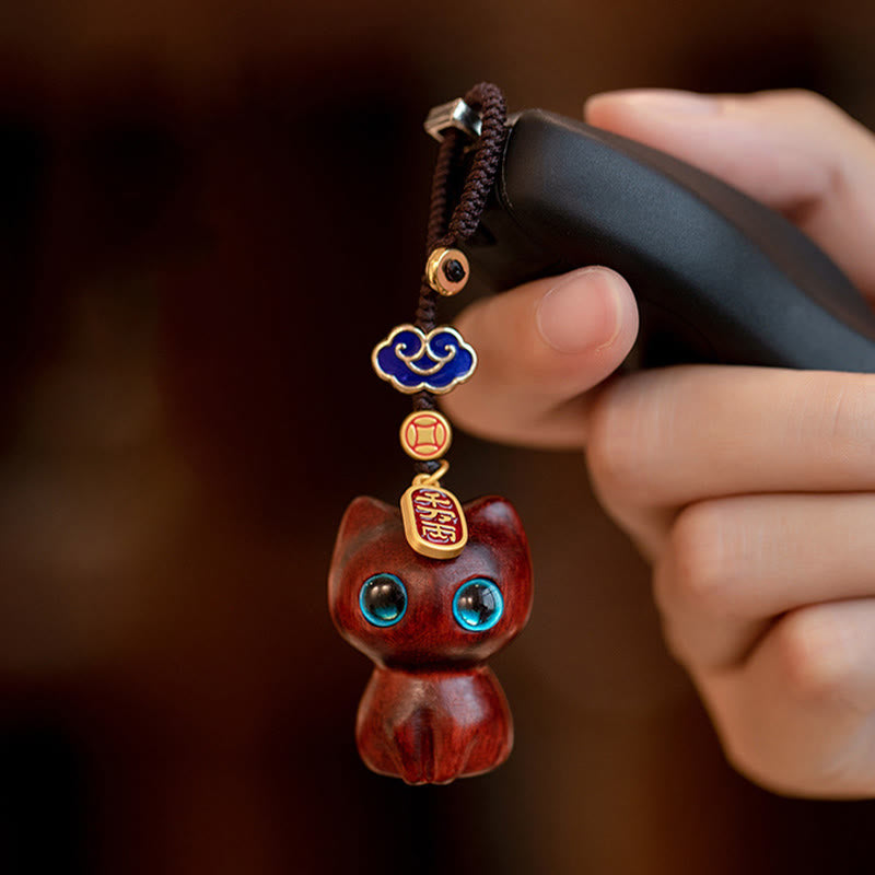 Nimara Ritual Small Leaf Red Sandalwood Ebony Wood Lucky Cat Protection Key Chain Phone Hanging Decoration