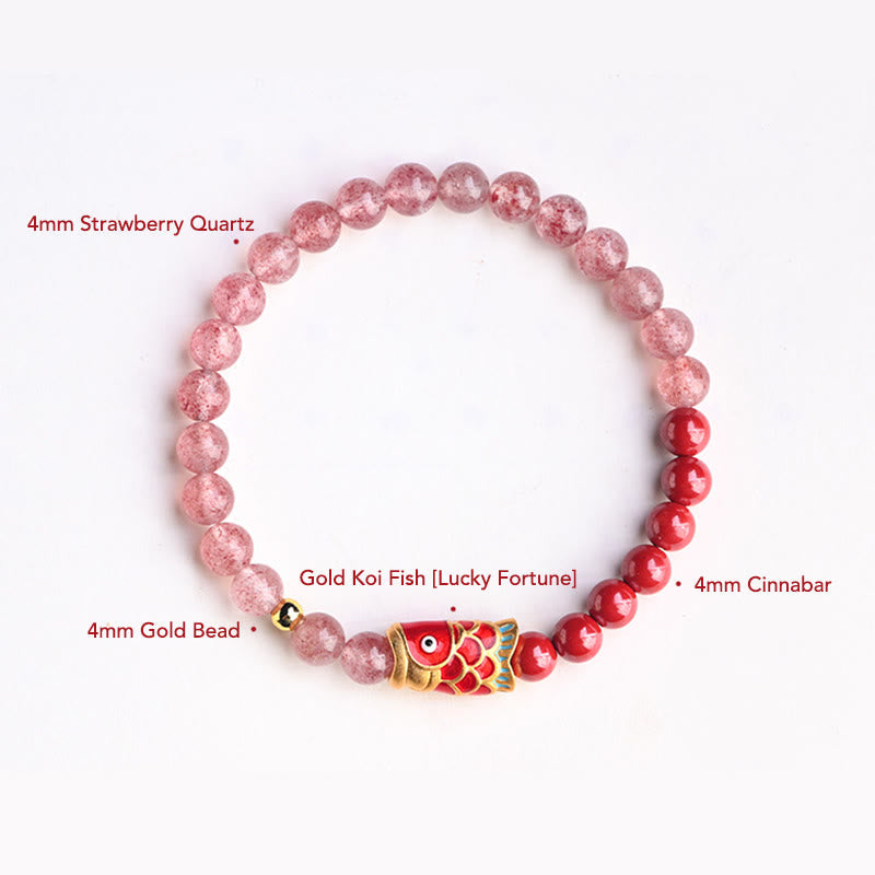 Nimara Ritual Natural Strawberry Quartz Cinnabar Lucky Koi Fish Healing Bracelet