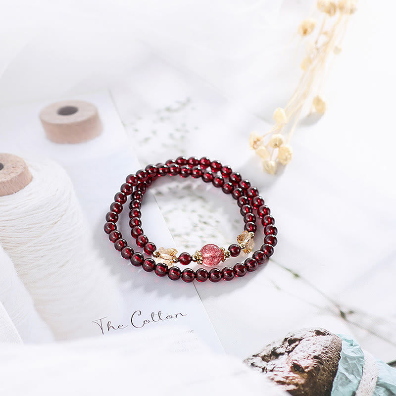 Nimara Ritual 14K Gold Plated Natural Garnet Strawberry Quartz Butterfly Protection Double Wrap Bracelet