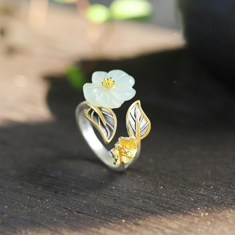 Nimara Ritual 925 Silver Plated Copper White Jade Plum Flower Leaf Luck Ring