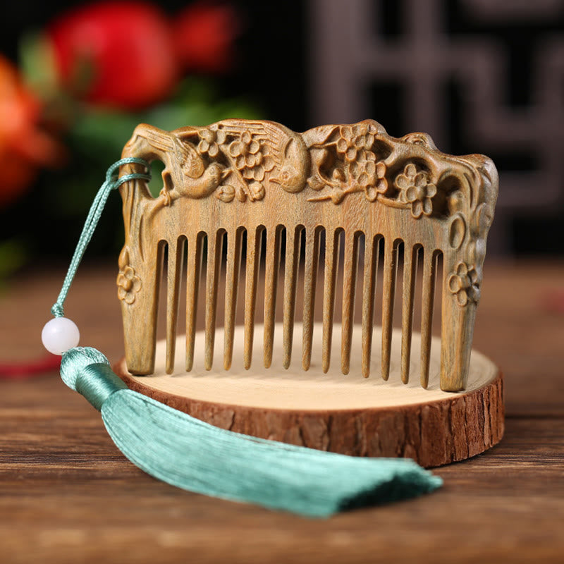 Nimara Ritual Green Sandalwood Fox Peony Flower Lotus Engraved Cure Tassel Comb