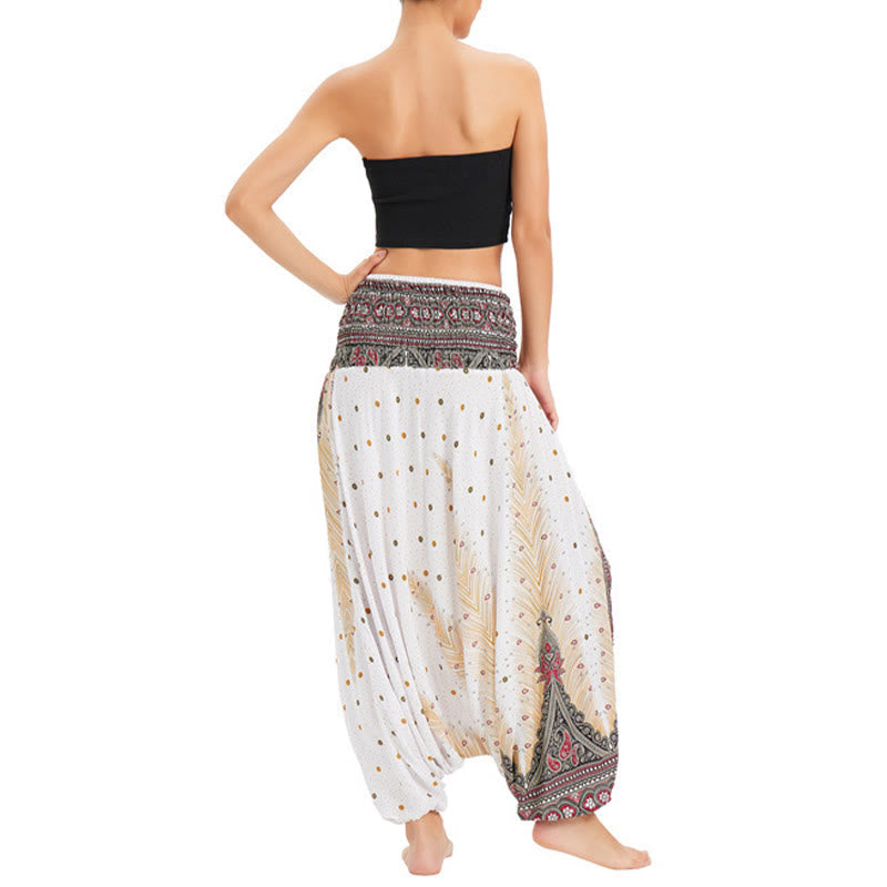 Nimara Ritual Two Style Wear Peacock Feather Loose Smocked Harem Trousers Jumpsuit High Waist Pants