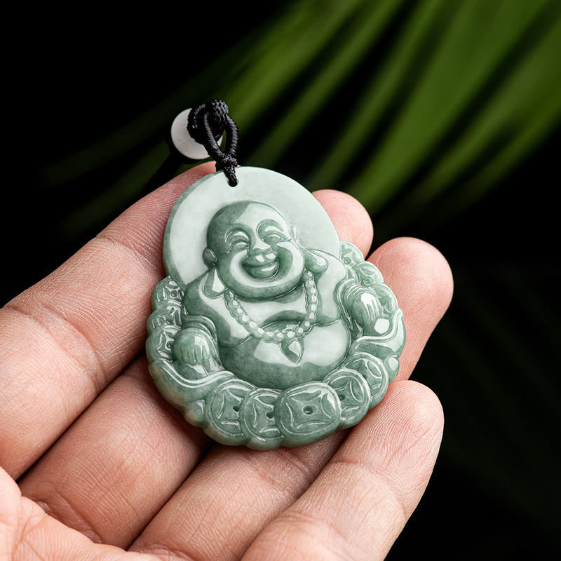 Nimara Ritual Laughing Buddha Natural Jade Copper Coin Abundance Necklace Pendant
