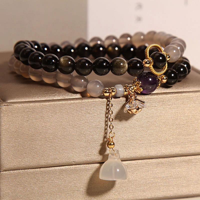 Nimara Ritual Gold Sheen Obsidian Gray Agate Lotus Charm Strengthen Double Wrap Bracelet