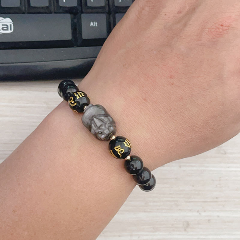 Nimara Ritual Natural Silver Sheen Obsidian Black Obsidian Om Mani Padme Hum Pixiu Protection Bracelet