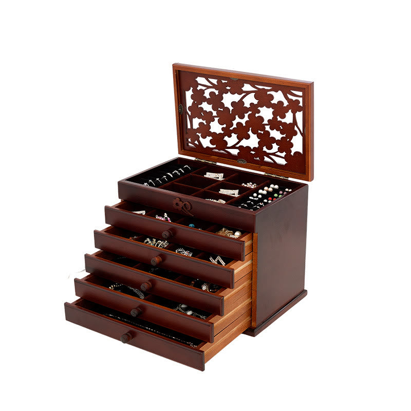 Nimara Ritual Vintage Plum Blossom Carved Wooden Jewelry Box Six-Layer Jewelry Storage Box